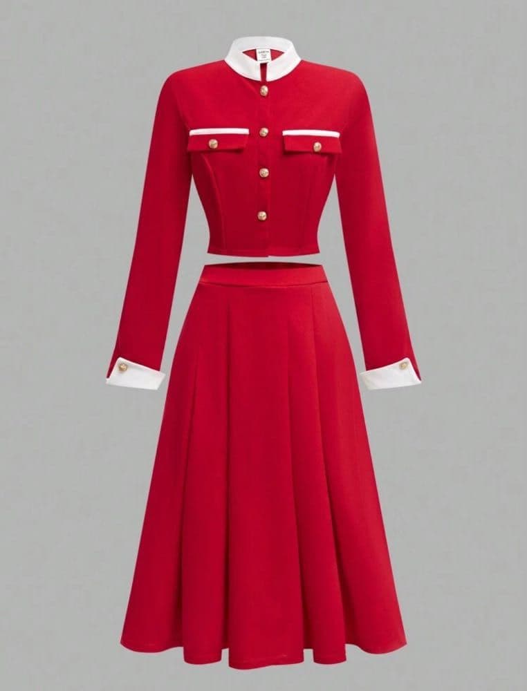 تنورة طويلة  مطوية للفتيات المراهقات، بدلة كاجوال كلاسيكية .