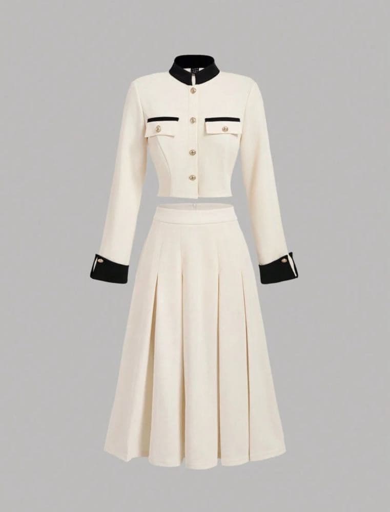 تنورة طويلة مطوية ، بدلة كاجوال كلاسيكية.