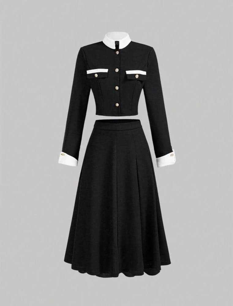 تنورة طويلة مطوية ، بدلة كاجوال كلاسيكية.