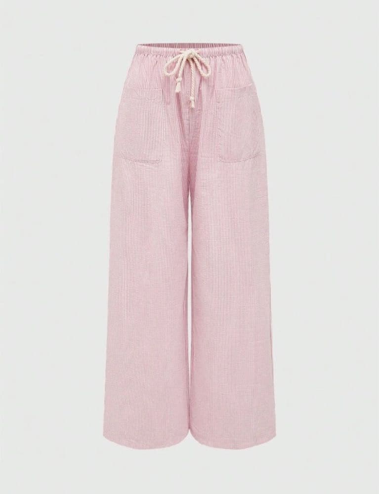 بنطلون  كاجوال فضفاض مستقيم للنساء، بنطلون كتان مخطط برباط خصر للمنزل والارتداء اليومي .