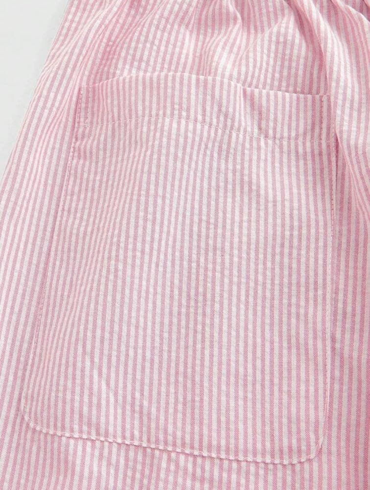 بنطلون  كاجوال فضفاض مستقيم للنساء، بنطلون كتان مخطط برباط خصر للمنزل والارتداء اليومي .