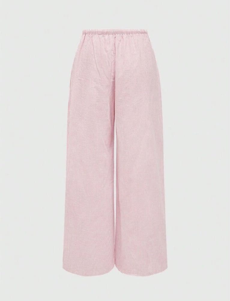 بنطلون كاجوال فضفاض مستقيم للنساء، بنطلون كتان مخطط برباط خصر للمنزل والارتداء اليومي .